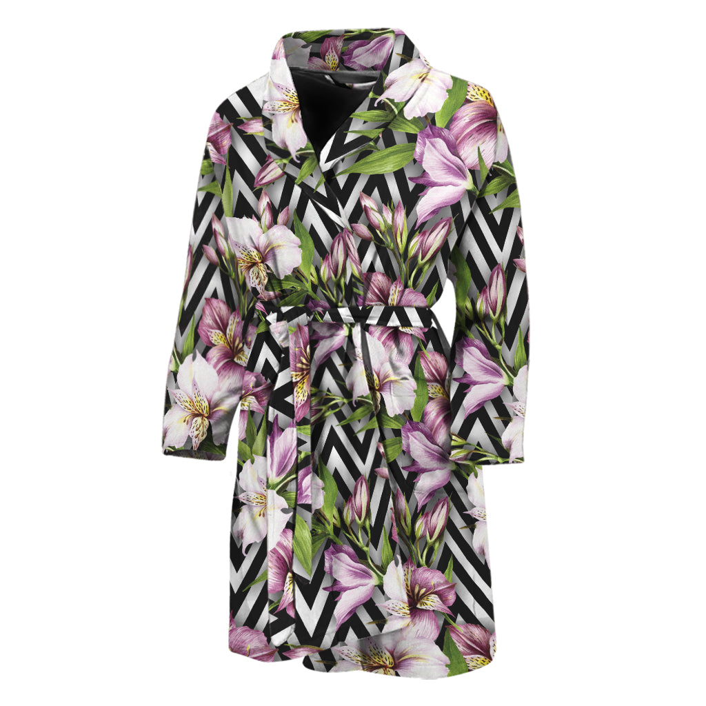 Purple Alstroemeria Zigzag Pattern Print Men's Bathrobe