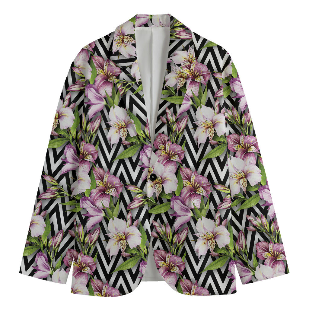 Purple Alstroemeria Zigzag Pattern Print Men's Blazer