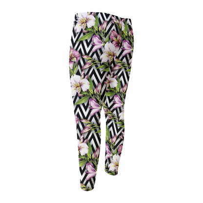 Purple Alstroemeria Zigzag Pattern Print Men's Compression Pants