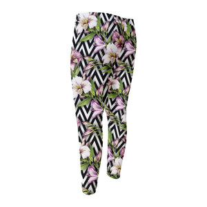 Purple Alstroemeria Zigzag Pattern Print Men's Compression Pants