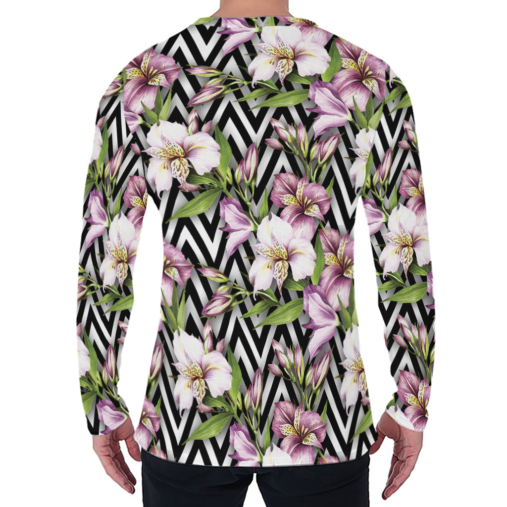 Purple Alstroemeria Zigzag Pattern Print Men's Long Sleeve T-Shirt