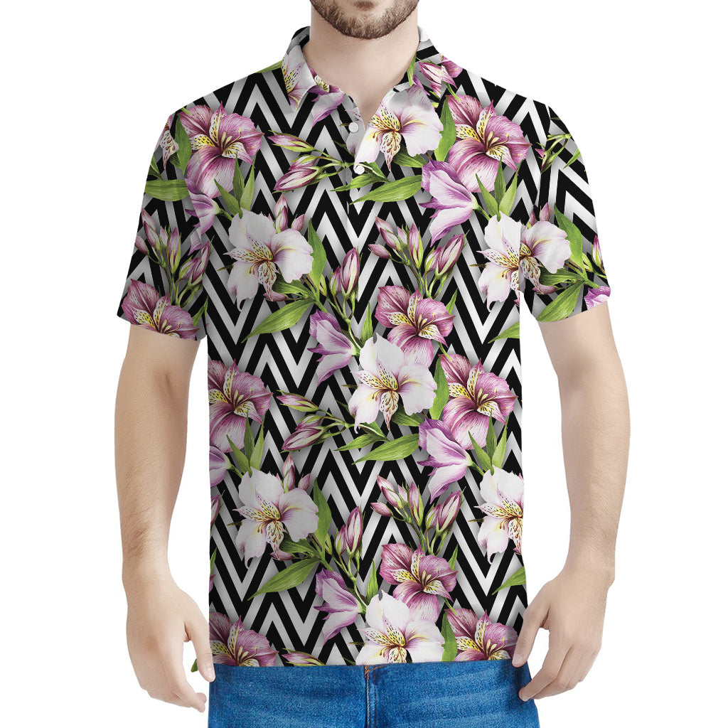 Purple Alstroemeria Zigzag Pattern Print Men's Polo Shirt