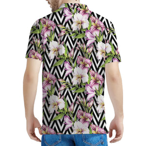 Purple Alstroemeria Zigzag Pattern Print Men's Polo Shirt