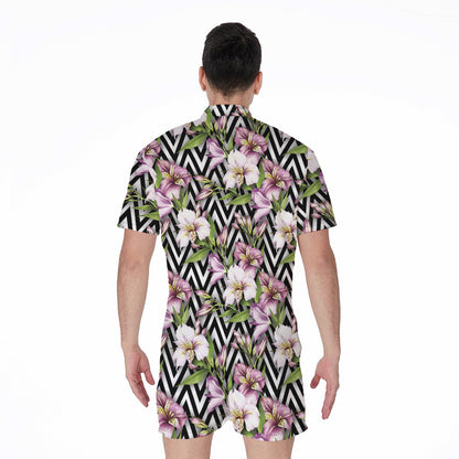 Purple Alstroemeria Zigzag Pattern Print Men's Rompers