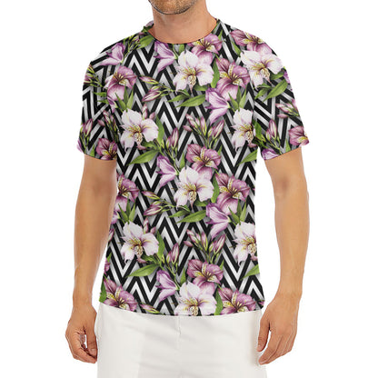 Purple Alstroemeria Zigzag Pattern Print Men's Short Sleeve Rash Guard
