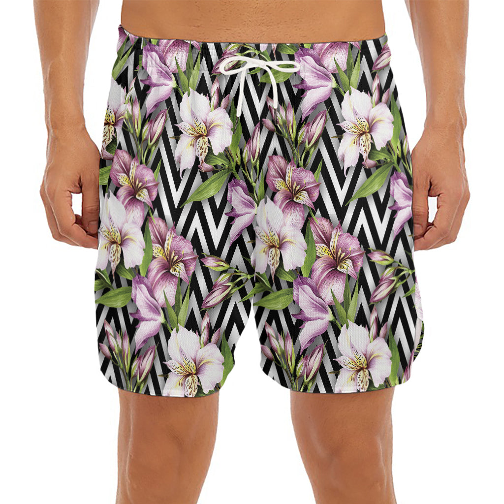 Purple Alstroemeria Zigzag Pattern Print Men's Split Running Shorts