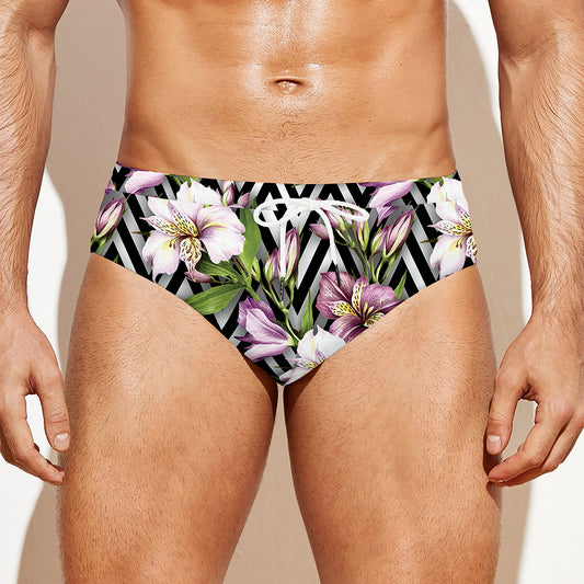 Purple Alstroemeria Zigzag Pattern Print Men's Swim Briefs