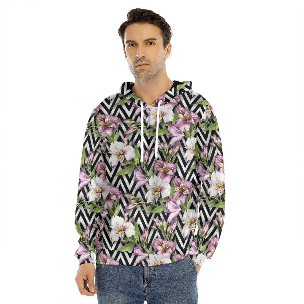 Purple Alstroemeria Zigzag Pattern Print Men's Velvet Pullover Hoodie