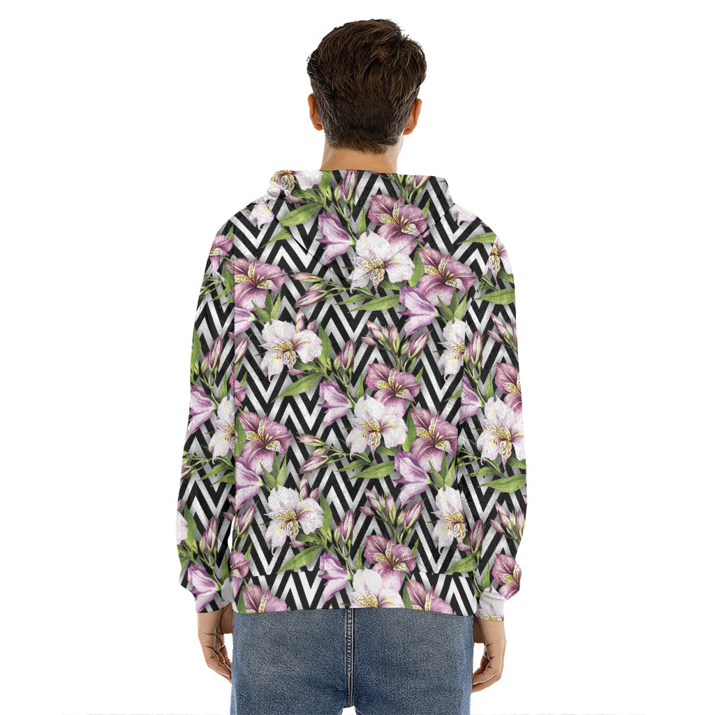 Purple Alstroemeria Zigzag Pattern Print Men's Velvet Pullover Hoodie