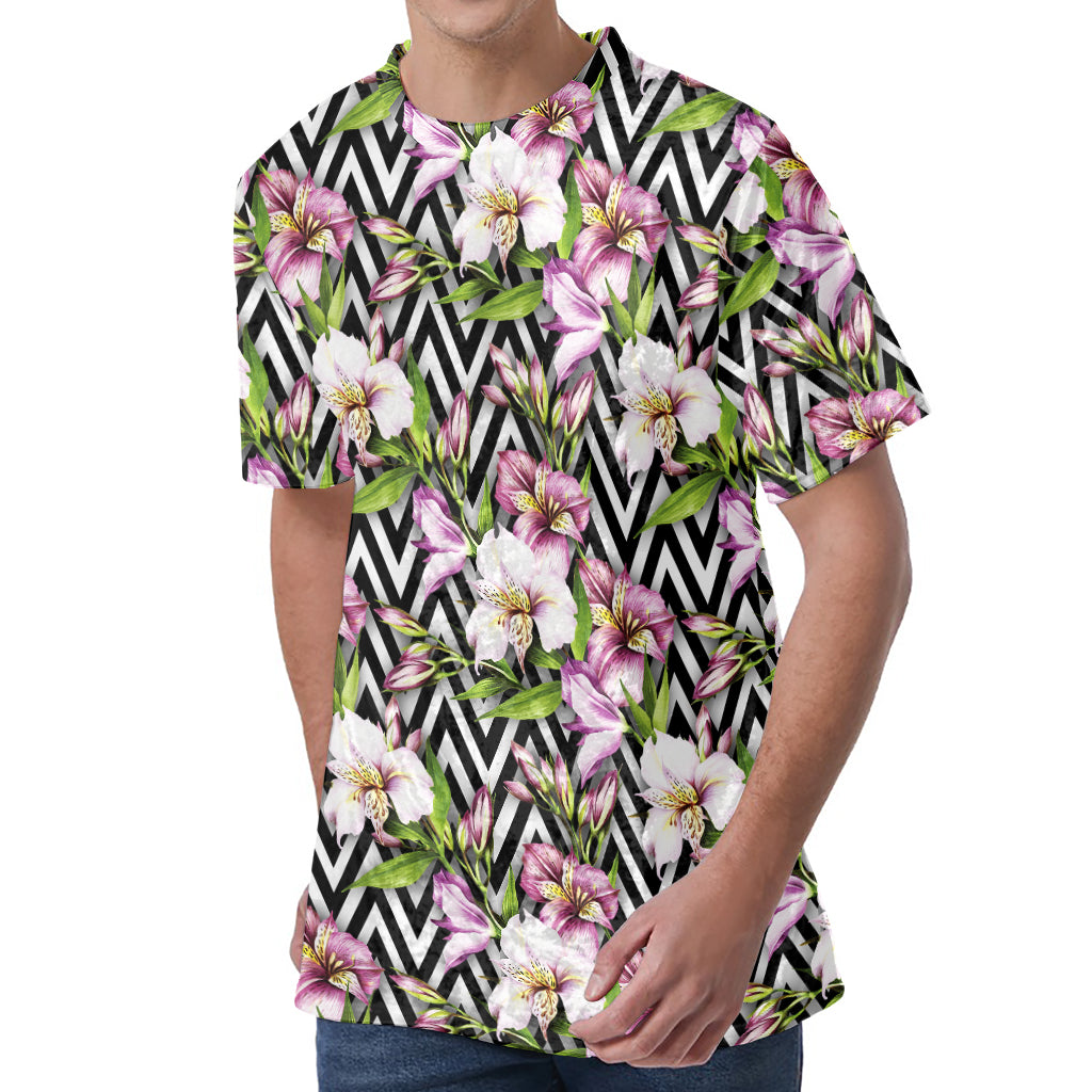 Purple Alstroemeria Zigzag Pattern Print Men's Velvet T-Shirt