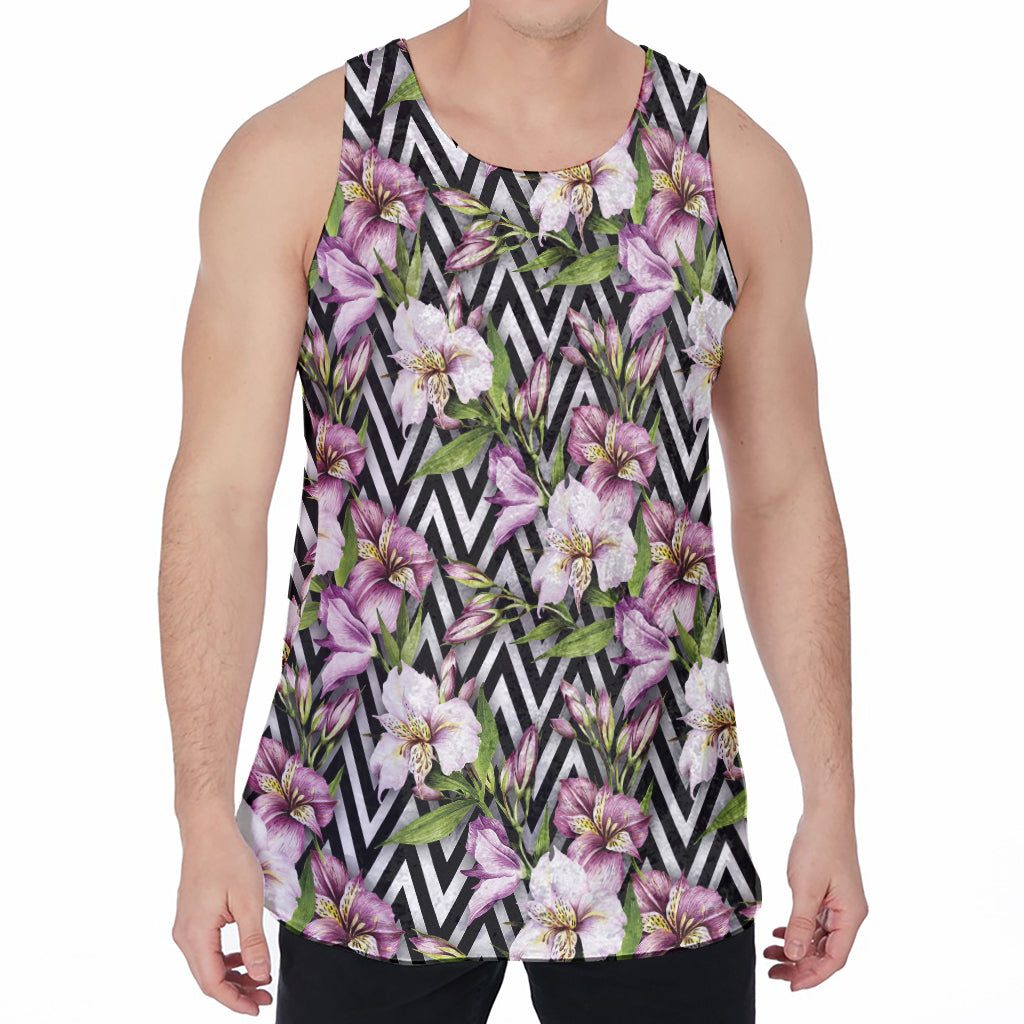 Purple Alstroemeria Zigzag Pattern Print Men's Velvet Tank Top