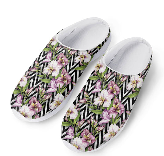 Purple Alstroemeria Zigzag Pattern Print Mesh Casual Shoes