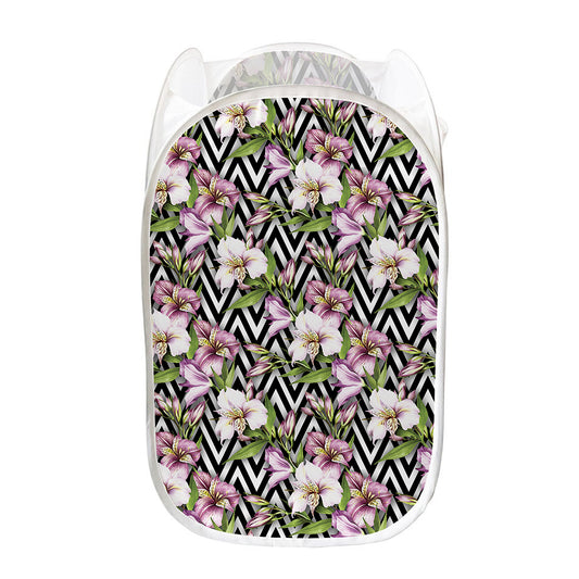 Purple Alstroemeria Zigzag Pattern Print Mesh Laundry Hamper