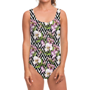 Purple Alstroemeria Zigzag Pattern Print One Piece Swimsuit