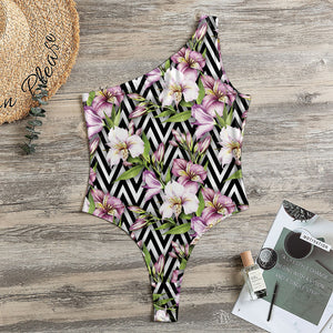 Purple Alstroemeria Zigzag Pattern Print One Shoulder Bodysuit