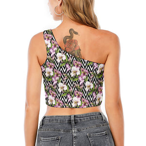 Purple Alstroemeria Zigzag Pattern Print One Shoulder Crop Top