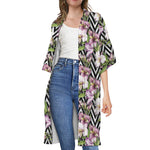 Purple Alstroemeria Zigzag Pattern Print Open Front Beach Cover Up