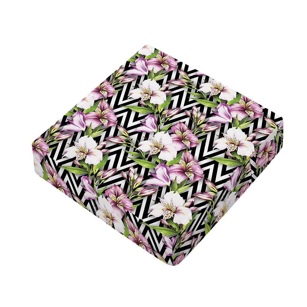 Purple Alstroemeria Zigzag Pattern Print Outdoor Seat Cushion Cover