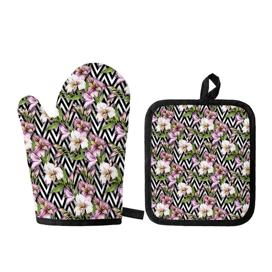 Purple Alstroemeria Zigzag Pattern Print Oven Mitt And Pot Holder Set