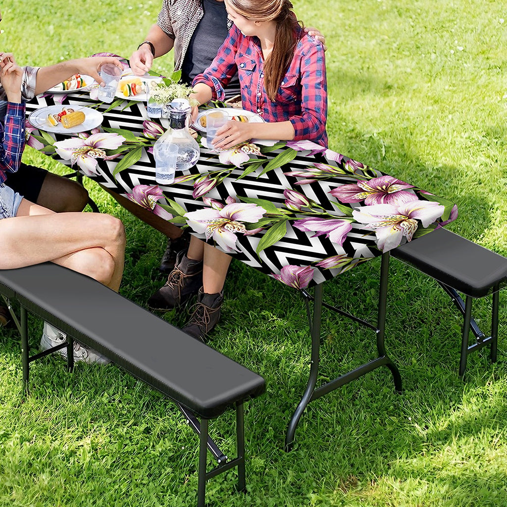 Purple Alstroemeria Zigzag Pattern Print Picnic Table Cover