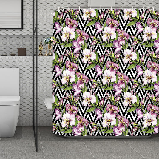 Purple Alstroemeria Zigzag Pattern Print Polyester Shower Curtain