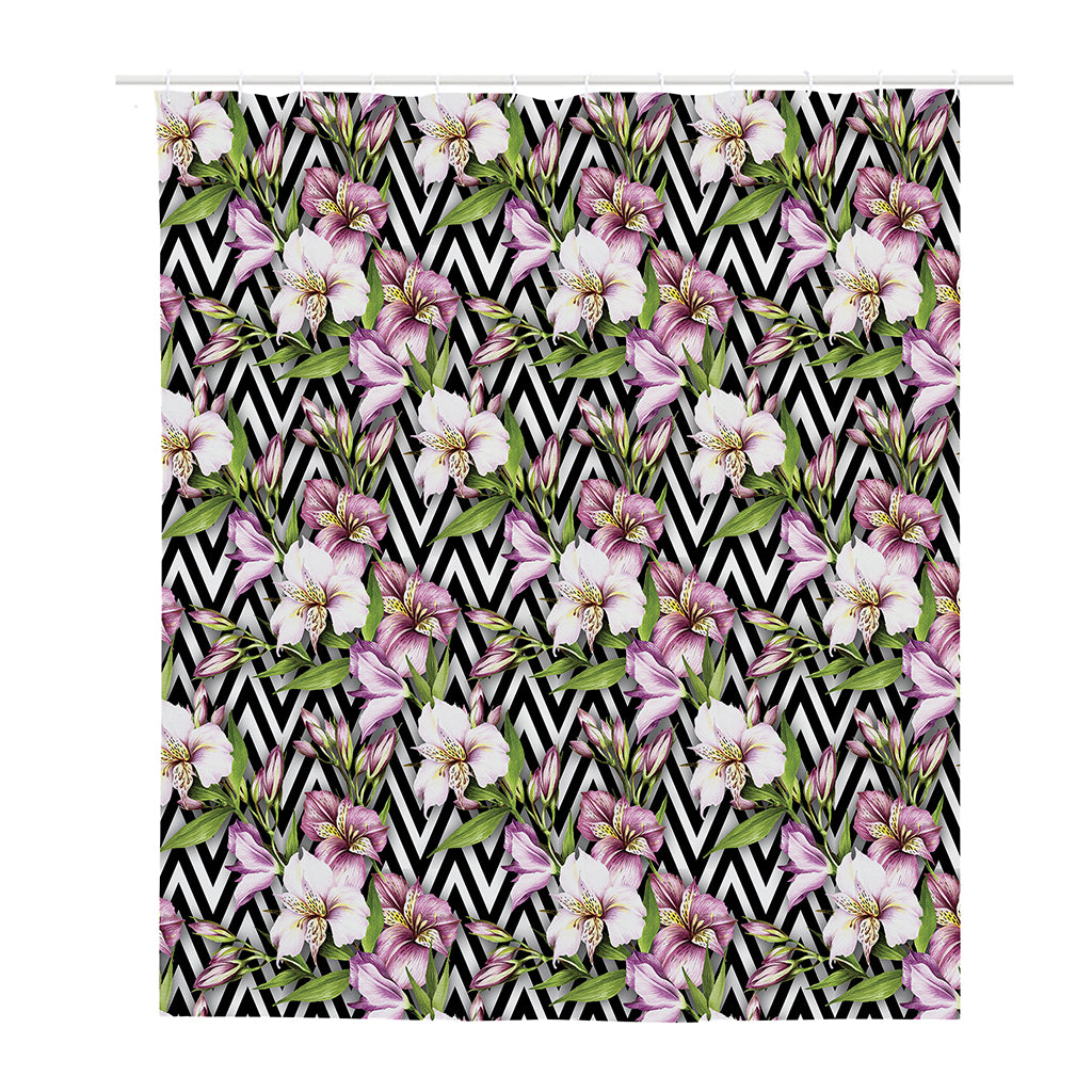 Purple Alstroemeria Zigzag Pattern Print Polyester Shower Curtain