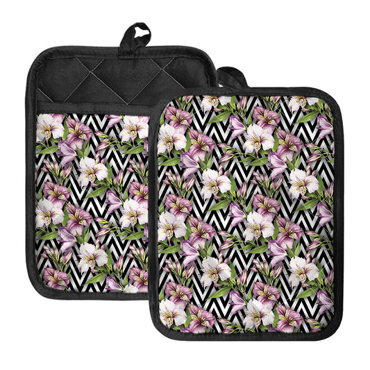 Purple Alstroemeria Zigzag Pattern Print Pot Holders With Pocket