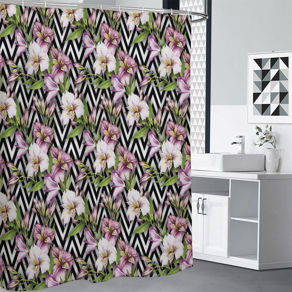 Purple Alstroemeria Zigzag Pattern Print Premium Shower Curtain