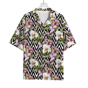 Purple Alstroemeria Zigzag Pattern Print Rayon Hawaiian Shirt