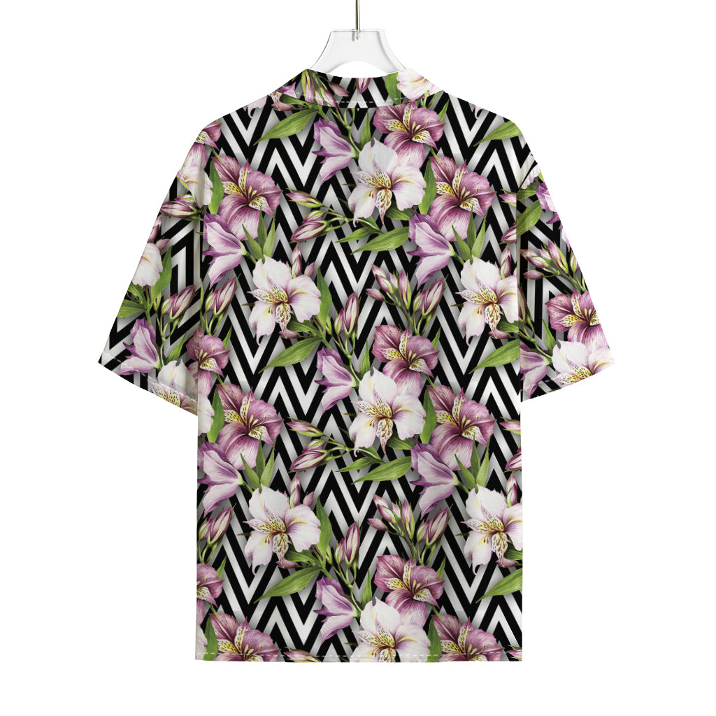 Purple Alstroemeria Zigzag Pattern Print Rayon Hawaiian Shirt