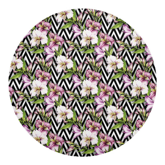 Purple Alstroemeria Zigzag Pattern Print Round Blanket
