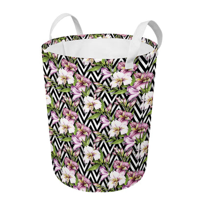 Purple Alstroemeria Zigzag Pattern Print Round Laundry Basket