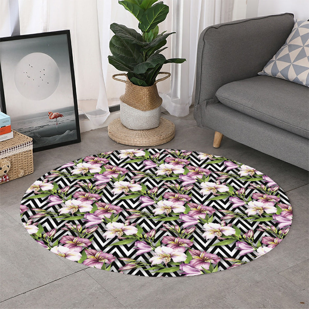 Purple Alstroemeria Zigzag Pattern Print Round Rug