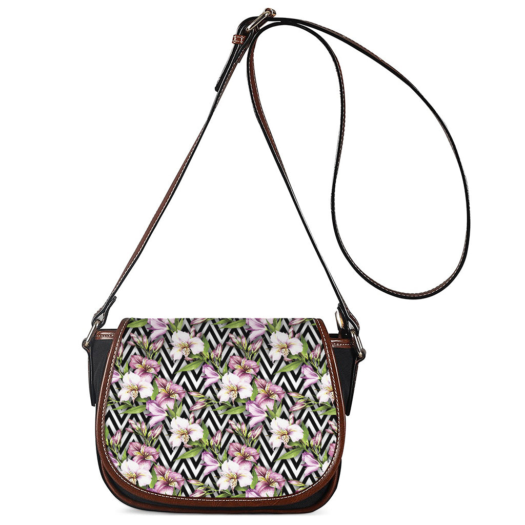 Purple Alstroemeria Zigzag Pattern Print Saddle Bag