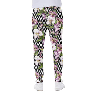 Purple Alstroemeria Zigzag Pattern Print Scuba Joggers