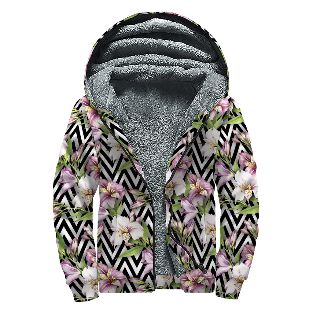 Purple Alstroemeria Zigzag Pattern Print Sherpa Lined Zip Up Hoodie