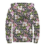 Purple Alstroemeria Zigzag Pattern Print Sherpa Lined Zip Up Hoodie