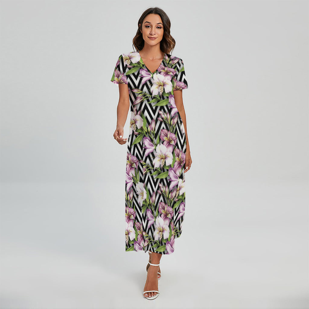 Purple Alstroemeria Zigzag Pattern Print Short Sleeve Maxi Dress