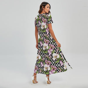 Purple Alstroemeria Zigzag Pattern Print Short Sleeve Maxi Dress