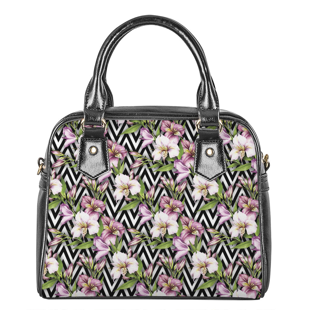 Purple Alstroemeria Zigzag Pattern Print Shoulder Handbag