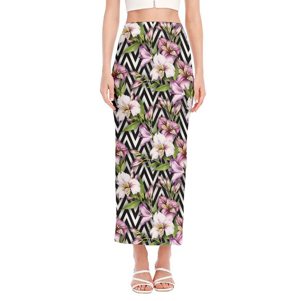 Purple Alstroemeria Zigzag Pattern Print Side Slit Maxi Skirt