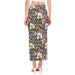 Purple Alstroemeria Zigzag Pattern Print Side Slit Maxi Skirt