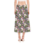 Purple Alstroemeria Zigzag Pattern Print Side Slit Midi Skirt