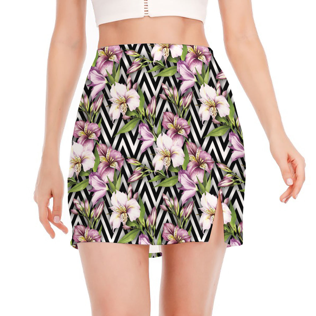 Purple Alstroemeria Zigzag Pattern Print Side Slit Mini Skirt