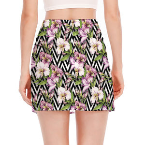 Purple Alstroemeria Zigzag Pattern Print Side Slit Mini Skirt