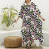 Purple Alstroemeria Zigzag Pattern Print Silk V-Neck Kaftan Dress