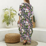 Purple Alstroemeria Zigzag Pattern Print Silk V-Neck Kaftan Dress