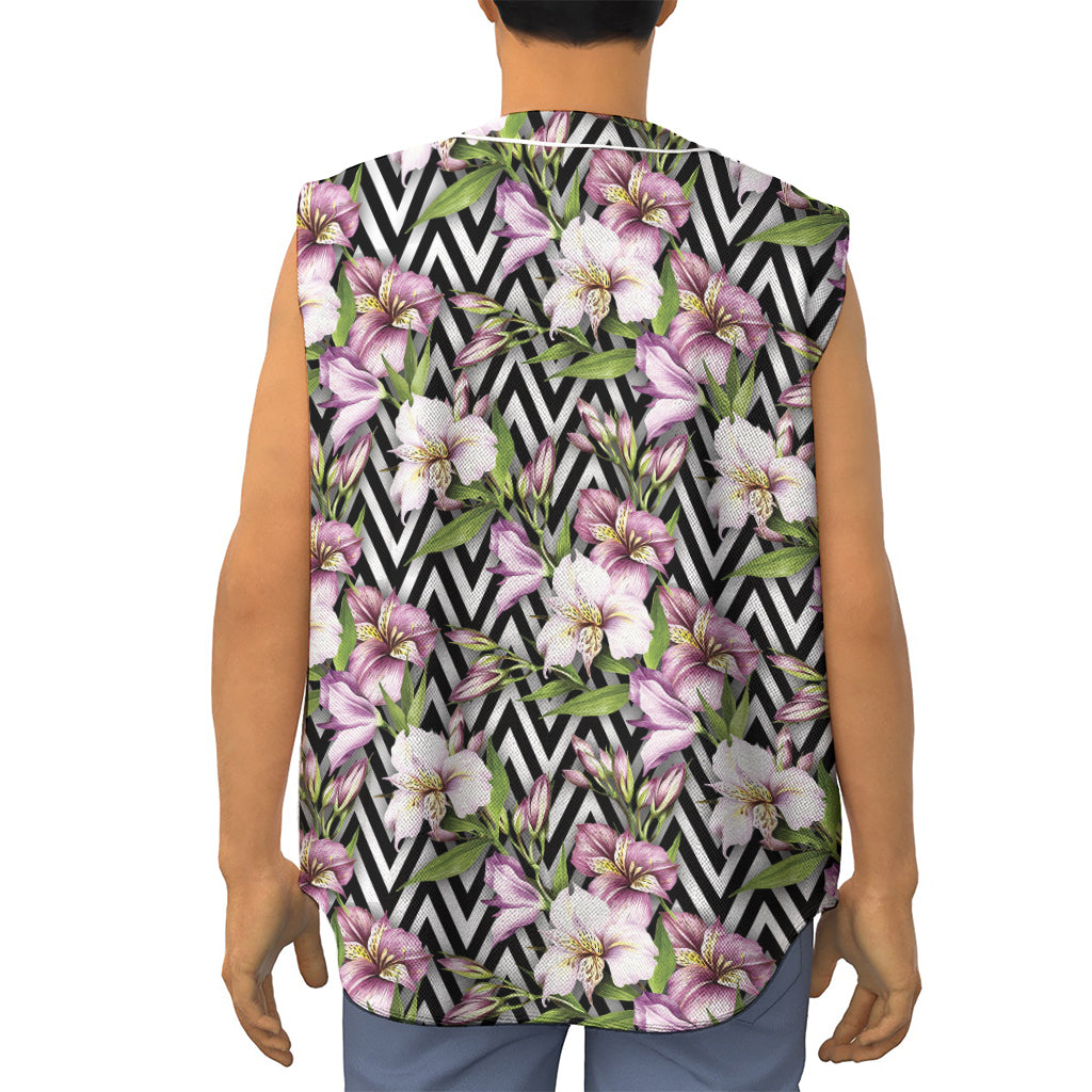 Purple Alstroemeria Zigzag Pattern Print Sleeveless Baseball Jersey