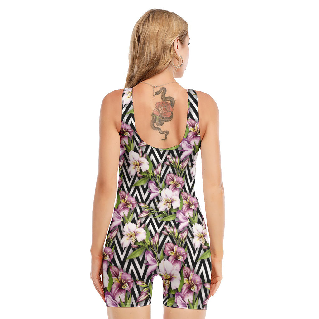 Purple Alstroemeria Zigzag Pattern Print Sleeveless One Piece Swimsuit