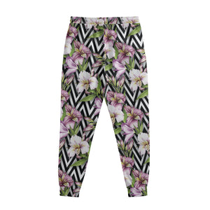 Purple Alstroemeria Zigzag Pattern Print Sweatpants